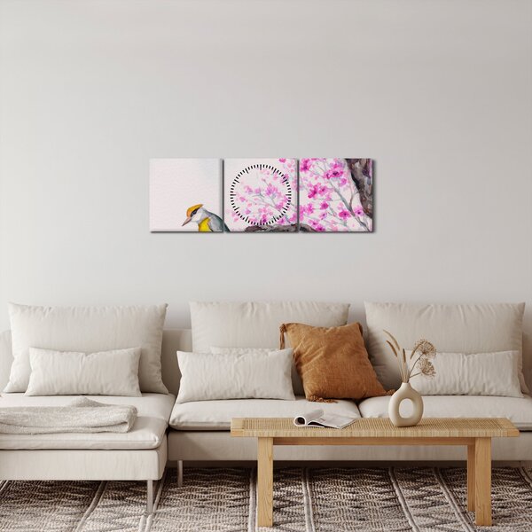 Obraz - Ptáček na stromě s růžovými květy (s hodinami) (90x30 cm)