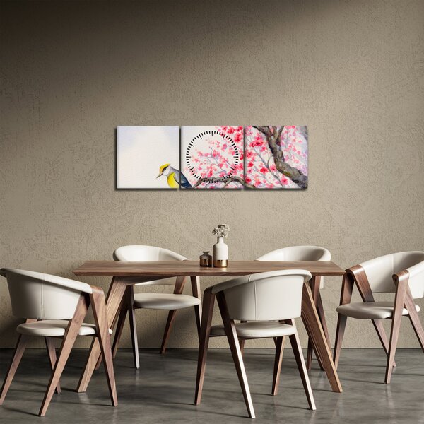 Obraz - Ptáček na stromě s červenými květy (s hodinami) (90x30 cm)