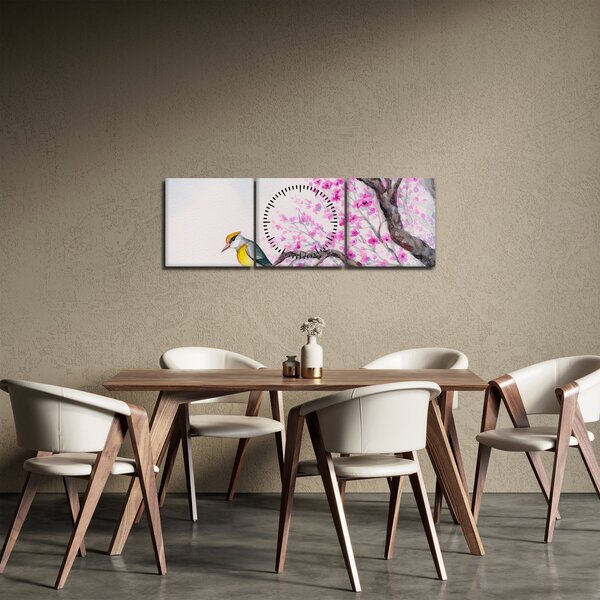 Obraz - Ptáček na stromě s růžovými květy (s hodinami) (90x30 cm)