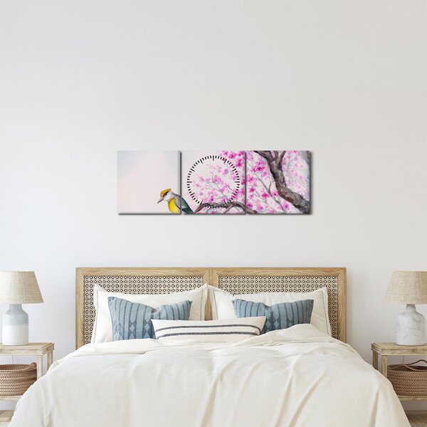 Obraz - Ptáček na stromě s růžovými květy (s hodinami) (90x30 cm)