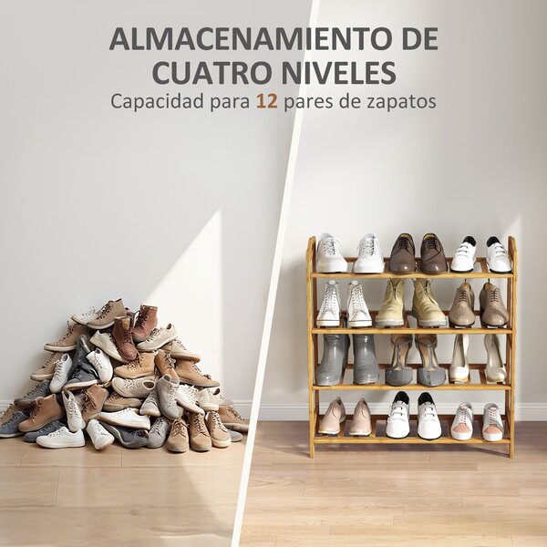 HOMCOM 4-podlažní bambusový botník pro 12 párů bot do předsíně, chodby nebo ložnice 67,5x24,7x72 cm Přírodní dřevo | Aosom