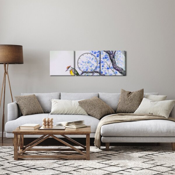 Obraz - Ptáček na stromě s modrými květy (s hodinami) (90x30 cm)