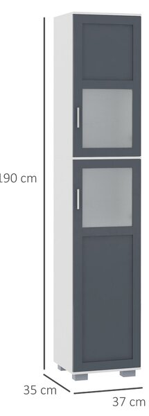 Kleankin Vysoká Koupelnová Skříň s 2 Skleněnými Dveřmi a Nastavitelnými Policemi 37x35x190 cm Bílá a Šedá | Aosom