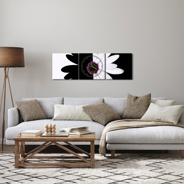 Obraz černobílého květu (s hodinami) (90x30 cm)