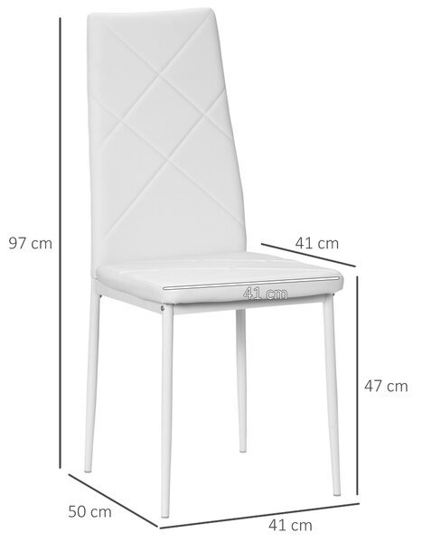 HOMCOM Sada 4 Nordic Jídelních Židlí Polstrované Kuchyňské Židle s Umělou Kůží a Ocelovými Nohami Nosnost 120 kg pro Obývací Pokoj 41x50x97 cm Bílá |