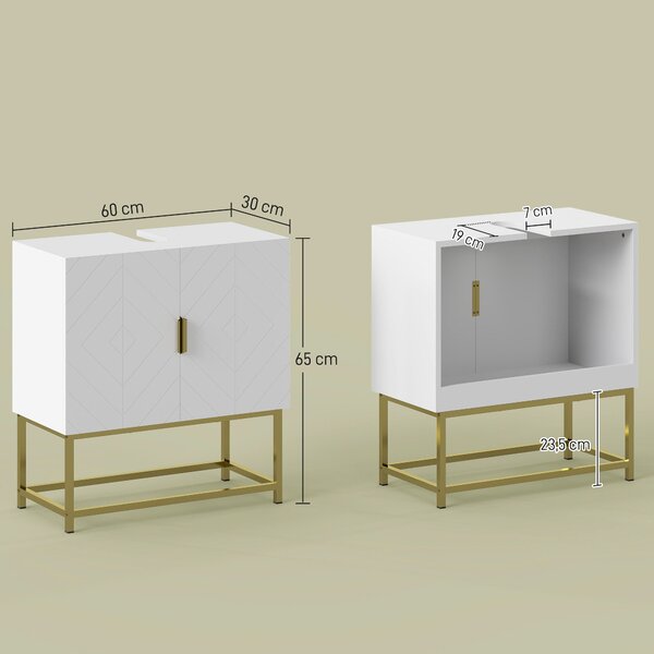 Kleankin Skříňka pod umyvadlo Koupelnový nábytek Moderní skříňka s 2 dveřmi a zlatými ocelovými nohama 60x30x65 cm Bílá | Aosom