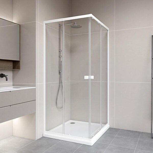 Sprchový kout 90x90 Marwell skleněná sprcha Flexi 77-90 x 77-90 x 190 cm - rohový vstup - bílý - sprcha s posuvnými dveřmi, výklopnými dveřmi a nastavitelným profilem stěny 770-900 mm