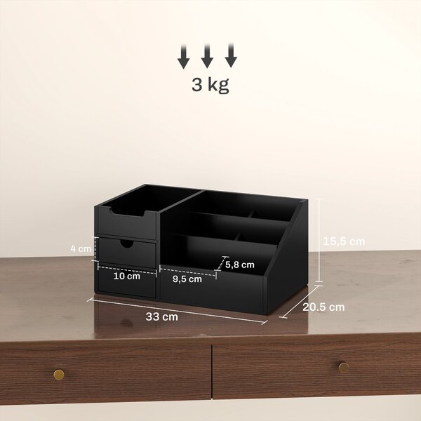 HOMCOM Bambusový organizér na stůl s 2 šuplíky, 6 přihrádkami a policí do kanceláře nebo domova 33x20.5x15.5 cm Černý | Aosom