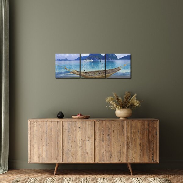 Obraz houpací sítě na pláži 2 (s hodinami) (90x30 cm)