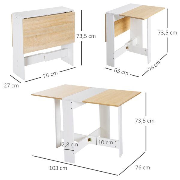 HOMCOM Skládací Jídelní Stůl Kuchyňský Stolek se 2 Sklopnými Listy pro Úsporu Místa Moderní Design 103x76x73.5cm Dřevo | Aosom