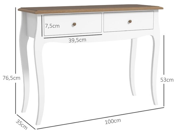 HOMCOM Zrcadlový stolek do předsíně s 2 zásuvkami v francouzském stylu pro chodbu, ložnici a obývací pokoj 100x35x76,5 cm Bílá a tmavě hnědá | Aosom