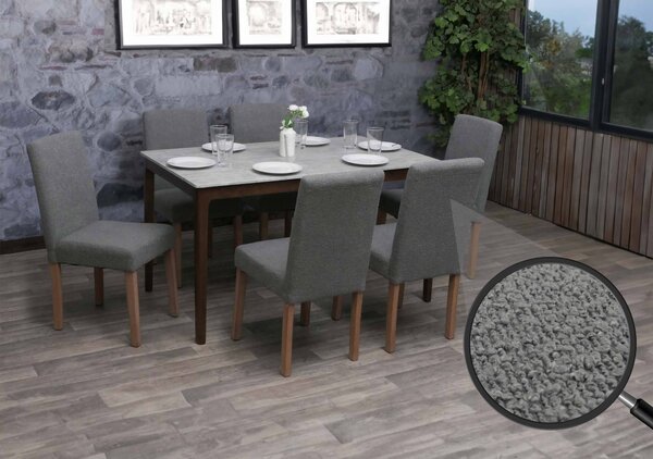 Sada 6 jídelních židlí Littau, kuchyňská židle s vysokým opěradlem, látka/textil bouclé dřevo šedá, nohy v přírodní barvě