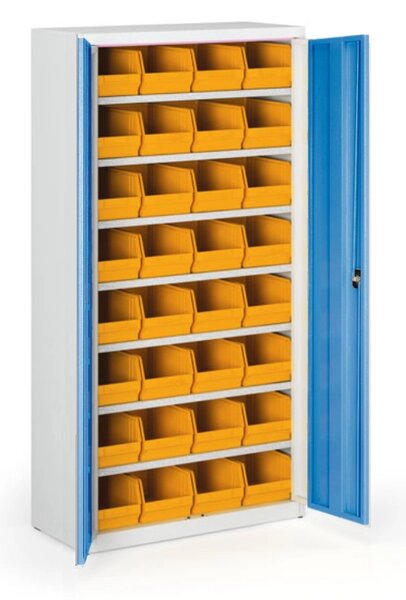 Skříň s plastovými boxy BASIC - 1800 x 400 x 920 mm, 32xC, šedá/modré dveře