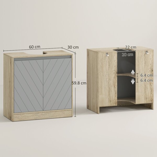 HOMCOM Podskříňková koupelnová skříňka volně stojící s dvojitými dveřmi a nastavitelnou policí Nosnost 50 kg 60x30x59,8 cm Dub a Šedá | Aosom