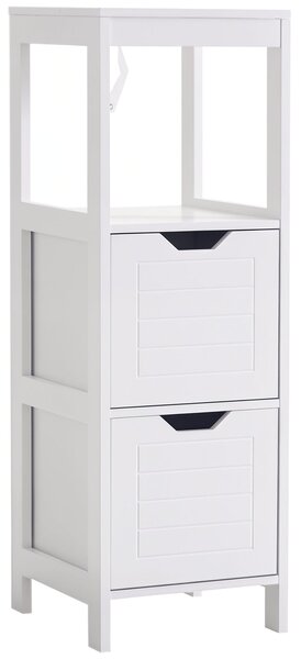 Kleankin koupelnová skříňka multifunkční úložná skříň s otevřenou policí a 2 zásuvkami protiskluzovým designem 30x30x89 cm Bílá | Aosom