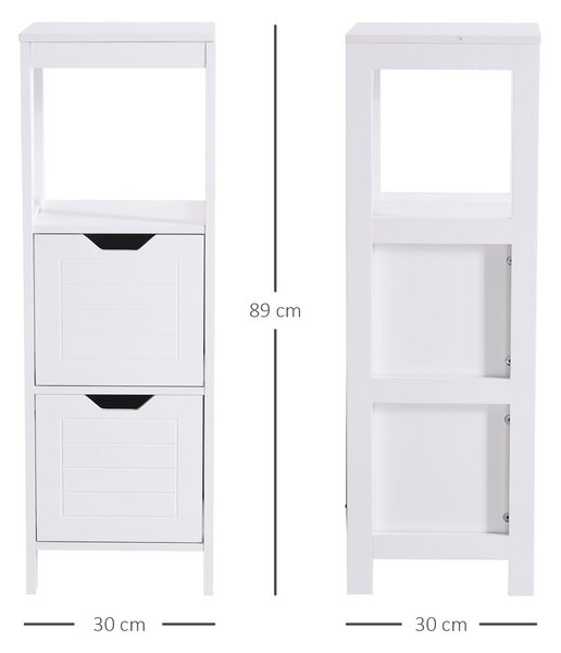 Kleankin koupelnová skříňka multifunkční úložná skříň s otevřenou policí a 2 zásuvkami protiskluzovým designem 30x30x89 cm Bílá | Aosom