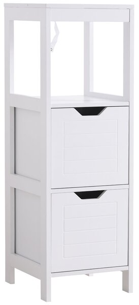 Kleankin koupelnová skříňka multifunkční úložná skříň s otevřenou policí a 2 zásuvkami protiskluzovým designem 30x30x89 cm Bílá | Aosom