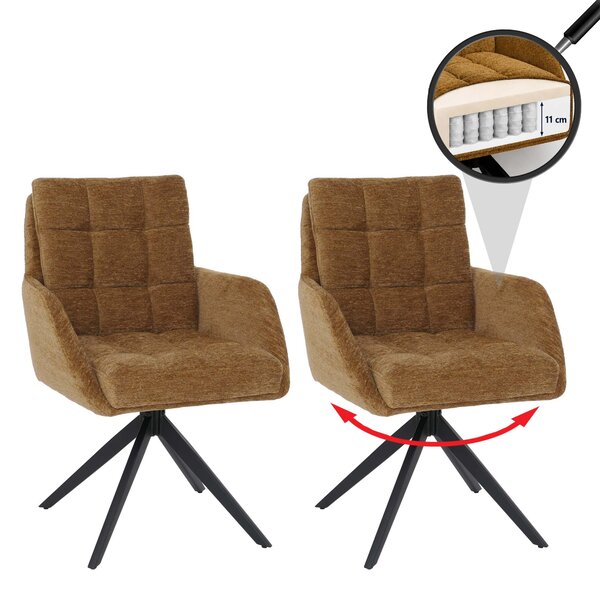 Sada 2 kusů jídelních židlí HWC-Q36, otočné kuchyňské židle s automatickým návratem do výchozí polohy, látka Chenille (680 g/m²) s certifikátem Öko-Tex, kovová konstrukce MVG hořčičně žlutá