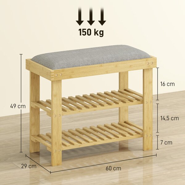 HOMCOM Bambusová botníková lavice s měkkým sedákem, 2 police pro 6 párů bot do předsíně nebo ložnice 60x29x49 cm Přírodní a šedá | Aosom