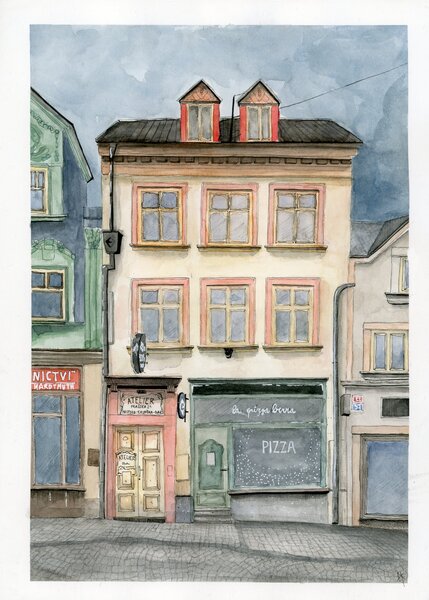 Ručně malovaný obraz od Tereza Knoflíčková - "Domy v Pražské ulici", rozměr: 21 x 29 cm