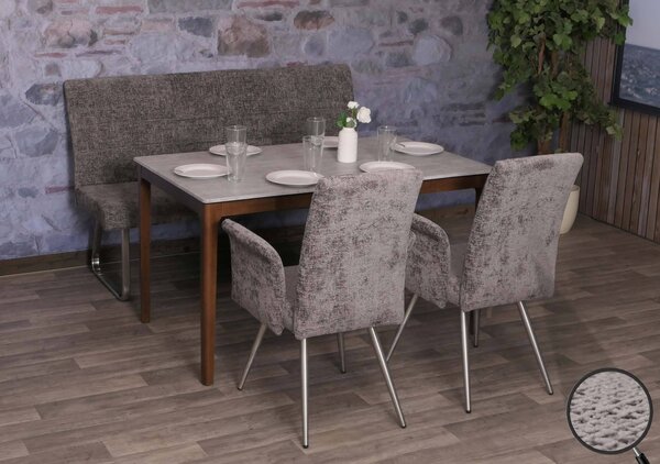 Jídelní set HWC-G55, sada 2 židlí s područkami + lavice 160 cm, broušená nerezová ocel látka/textilní žinylka tmavě šedá