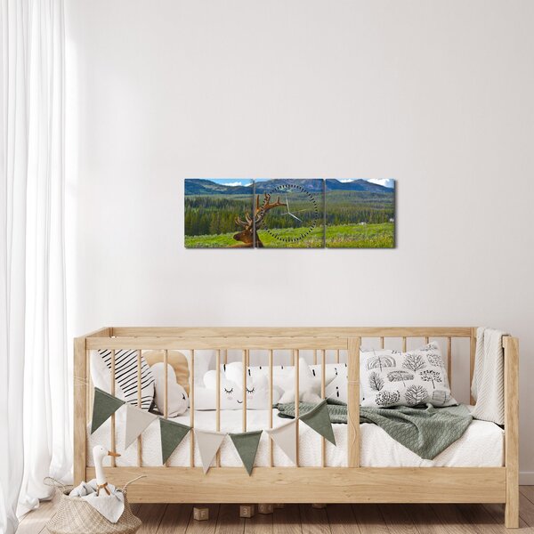 Obraz - Jelen v louce (s hodinami) (90x30 cm)