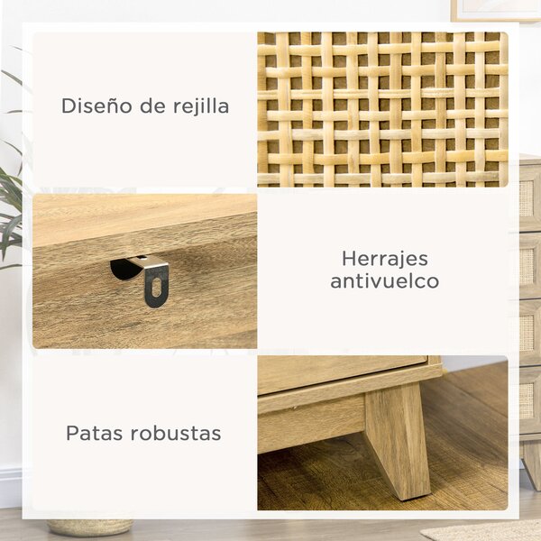 HOMCOM Úzká komoda se 4 zásuvkami a rattanovými předními deskami - 80x35x95 cm | Aosom