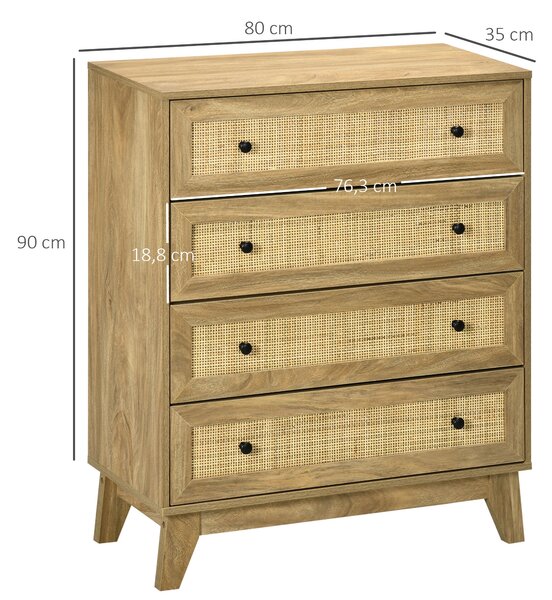 HOMCOM Úzká komoda se 4 zásuvkami a rattanovými předními deskami - 80x35x95 cm | Aosom