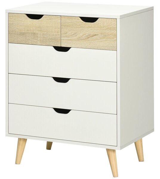 HOMCOM Komoda s 5 zásuvkami a zvýšenými nohami pro ložnici, obývací pokoj i kancelář, moderní styl, proti převrhnutí, 60x40x77,5 cm, přírodní a bílá |