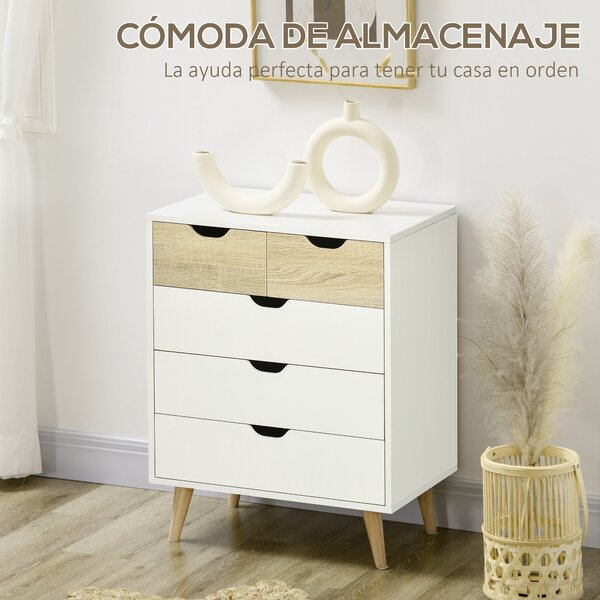 HOMCOM Komoda s 5 zásuvkami a zvýšenými nohami pro ložnici, obývací pokoj i kancelář, moderní styl, proti převrhnutí, 60x40x77,5 cm, přírodní a bílá |