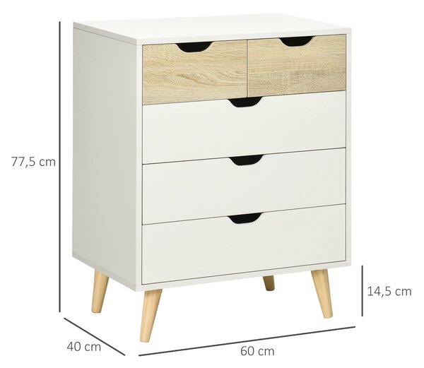 HOMCOM Komoda s 5 zásuvkami a zvýšenými nohami pro ložnici, obývací pokoj i kancelář, moderní styl, proti převrhnutí, 60x40x77,5 cm, přírodní a bílá |