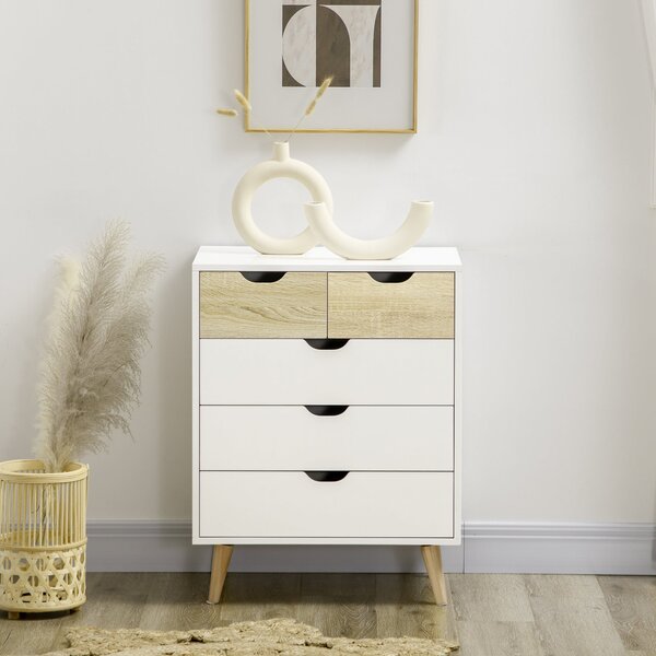 HOMCOM Komoda s 5 zásuvkami a zvýšenými nohami pro ložnici, obývací pokoj i kancelář, moderní styl, proti převrhnutí, 60x40x77,5 cm, přírodní a bílá |
