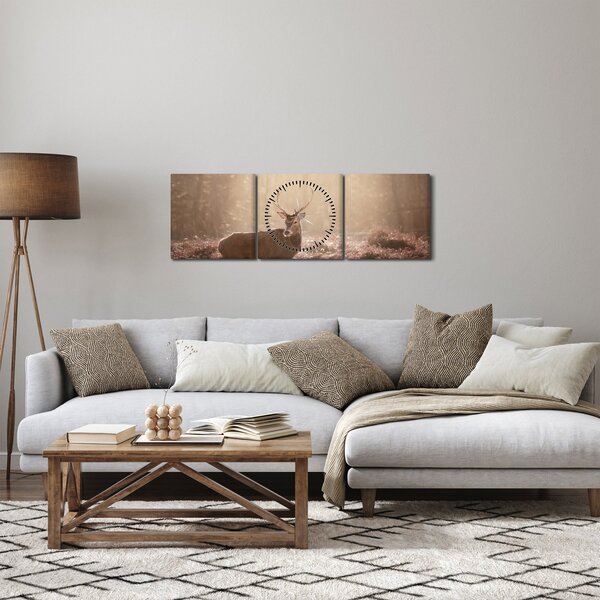 Obraz - Jelen v lese (s hodinami) (90x30 cm)