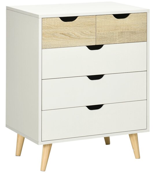 HOMCOM Komoda s 5 zásuvkami a zvýšenými nohami pro ložnici, obývací pokoj i kancelář, moderní styl, proti převrhnutí, 60x40x77,5 cm, přírodní a bílá |