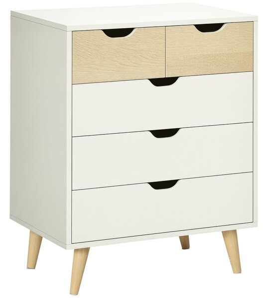 HOMCOM Komoda s 5 zásuvkami a zvýšenými nohami pro ložnici, obývací pokoj i kancelář, moderní styl, proti převrhnutí, 60x40x77,5 cm, přírodní a bílá |