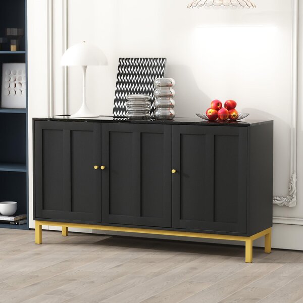 Fortuna Lai Stylový elegantní 3dveřový příborník s mramorovou deskou pro kuchyň, obývací pokoj a jídelnu (černý)