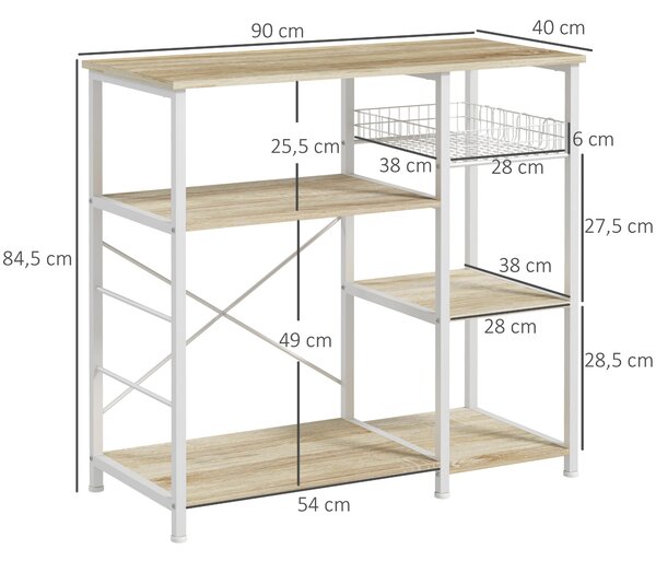 HOMCOM Moderní kuchyňská polička s 1 košíkem, 4 háčky ve tvaru S, 6 nastavitelnými nožičkami a policemi 90x40x84,5 cm v dubovém a bílém provedení | Ao