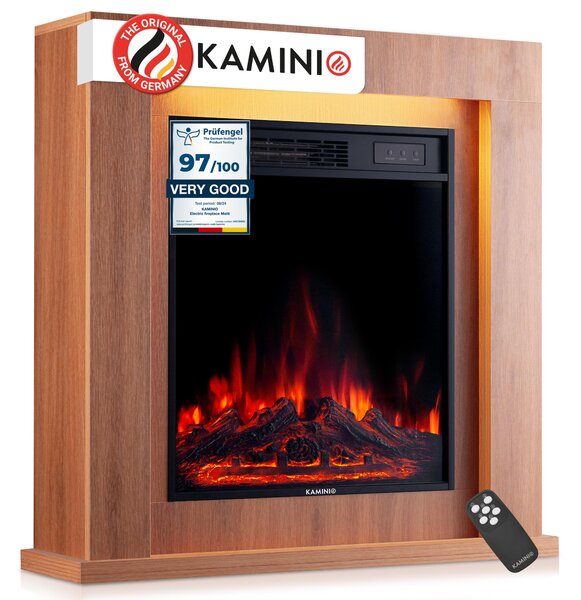 KAMINIO Elektrický krb MATTI – Elektrický stojací krb s topením, 3D efektem plamenů, LED ambientním osvětlením, dálkovým ovládáním – 32 palců, dub