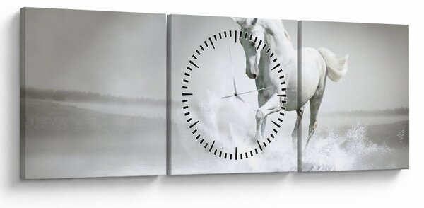 Obraz - Bílý kůň (s hodinami) (90x30 cm)
