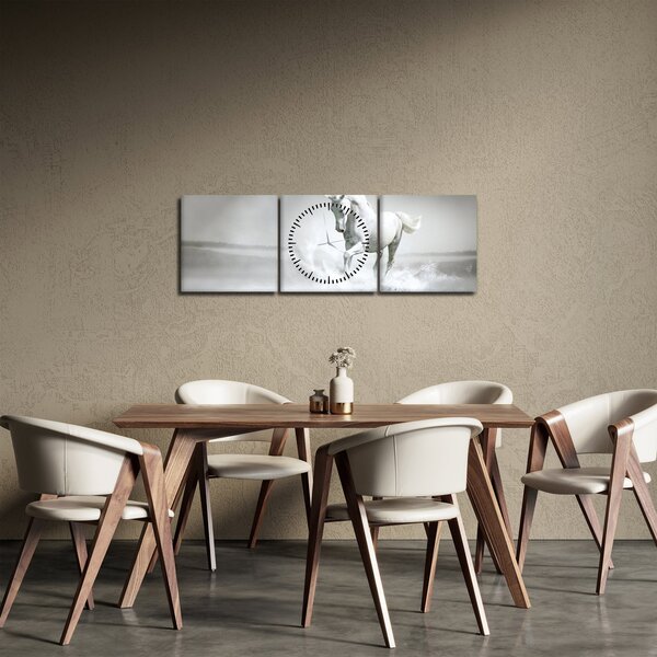 Obraz - Bílý kůň (s hodinami) (90x30 cm)