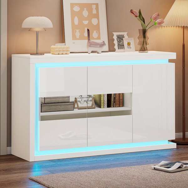 Sweiko 140x40x84cm skříňka do obývacího pokoje,Moderní komoda se 4 přihrádkami, šířka 140 cm,Boční skříňka s LED světelným páskem,Příborník ve vysokém lesku s dvířky z tvrzeného skla,Vhodný do předsíně, obývacího pokoje, kanceláře