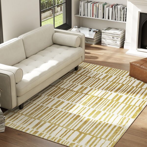 HOMCOM Koberce do obýváku 170x120 cm Pratelný koberec s krátkým vláknem a pruhovanými prvky pro obývací pokoj, ložnici a jídelnu Krémový | Aosom