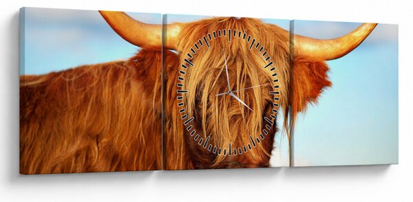 Obraz - Skotská kráva (s hodinami) (90x30 cm)