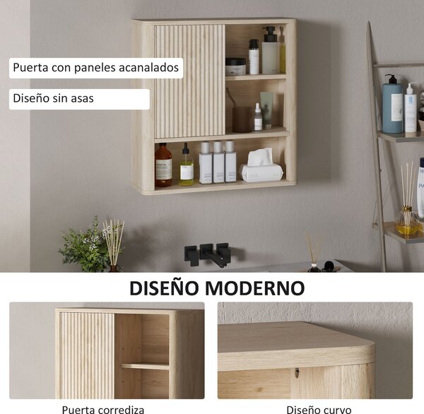 HOMCOM Nástěnná skříňka do koupelny s nastavitelými policemi, sklápěcími dveřmi a zakřiveným designem 60x20x62 cm Přirodní | Aosom