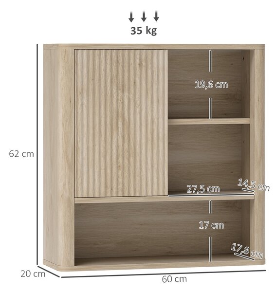 HOMCOM Nástěnná skříňka do koupelny s nastavitelými policemi, sklápěcími dveřmi a zakřiveným designem 60x20x62 cm Přirodní | Aosom