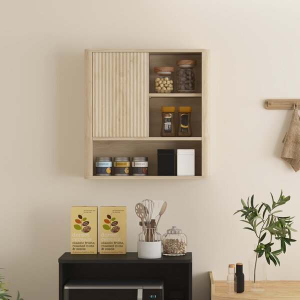 HOMCOM Nástěnná skříňka do koupelny s nastavitelými policemi, sklápěcími dveřmi a zakřiveným designem 60x20x62 cm Přirodní | Aosom