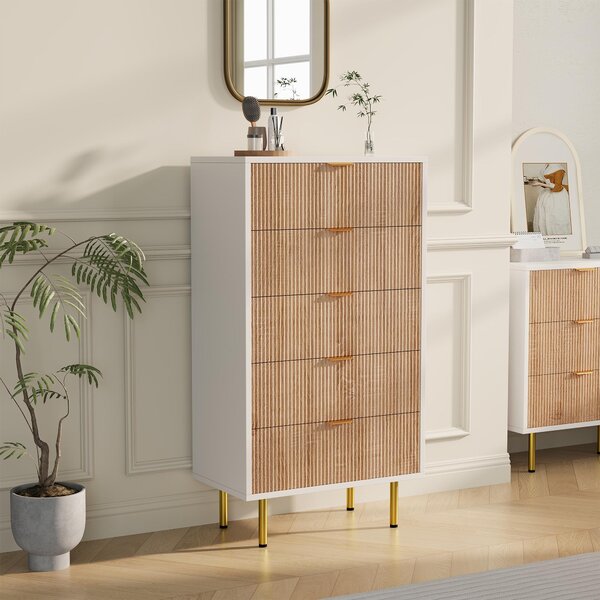 Komoda Fortuna Lai, komoda s 5 zásuvkami, moderní skandinávský styl, úchytky a nožky ve zlaté barvě, úzká komoda do obývacího pokoje, ložnice, předsíně, 110 x 60 x 34 cm, bílá barva