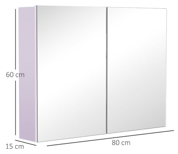 HOMCOM Koupelnová Skříň s Zrcadlem, 2-Dveřová Skříň s 3 Policemi Moderní Styl pro Ložnici a Obývací Pokoj 80x15x60 cm Světle Fialová | Aosom
