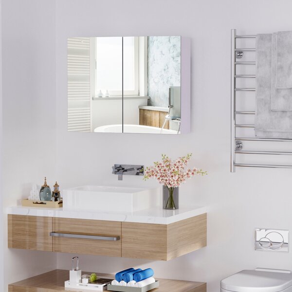 HOMCOM Koupelnová Skříň s Zrcadlem, 2-Dveřová Skříň s 3 Policemi Moderní Styl pro Ložnici a Obývací Pokoj 80x15x60 cm Světle Fialová | Aosom