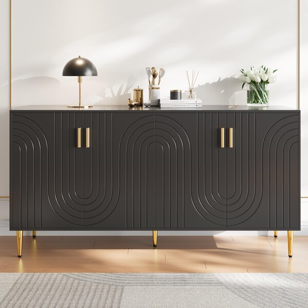 Fortuna Lai černá komoda (152 x 40 x 75 cm) s jedinečným vlnitým designem a zlatými úchytkami a nožkami, která vytvoří elegantní jídelní kout (předchozí sku: N620P17539192AAS)